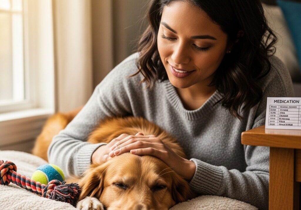 Woman comforting a resting dog on bed.