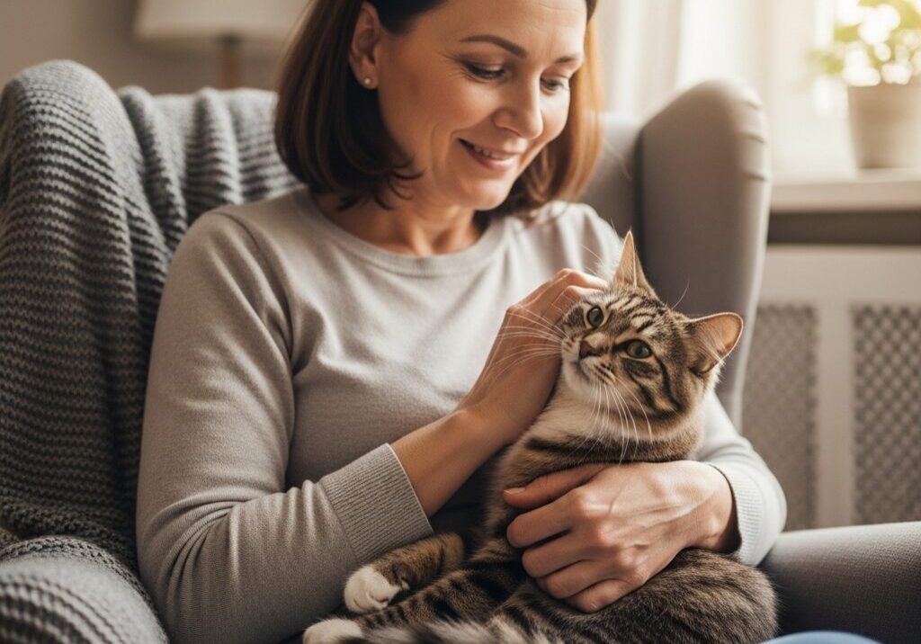 Woman smiling while petting a cat.