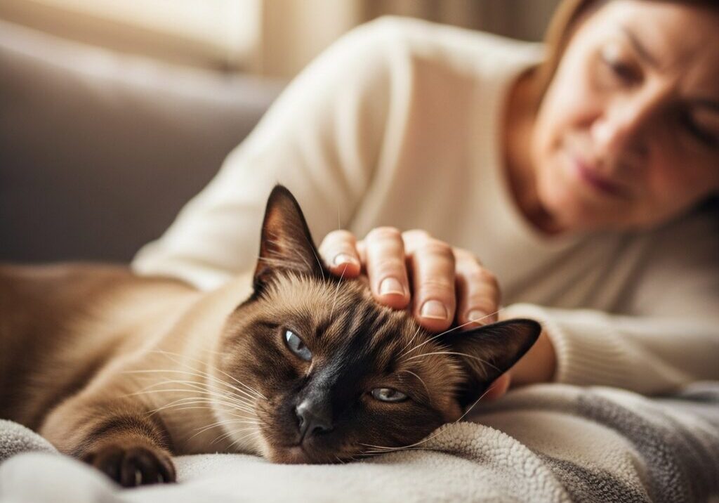 Woman petting a relaxed Siamese cat.