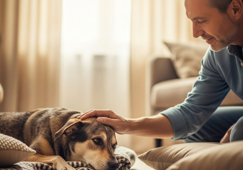 Man petting a relaxed dog indoors.