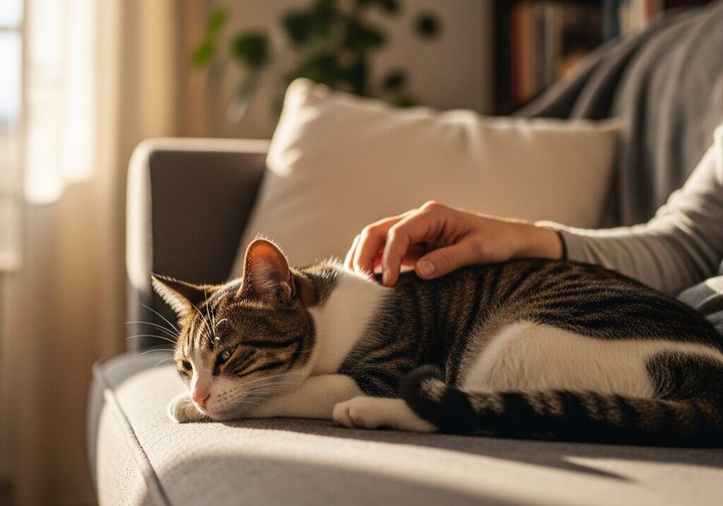 Cat resting on couch with sunlight.