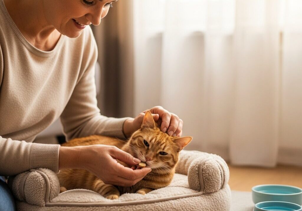 Woman petting a cat on cozy bed.