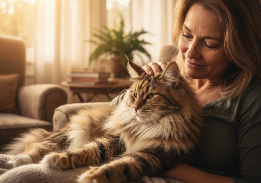 Woman cuddling a large fluffy cat.