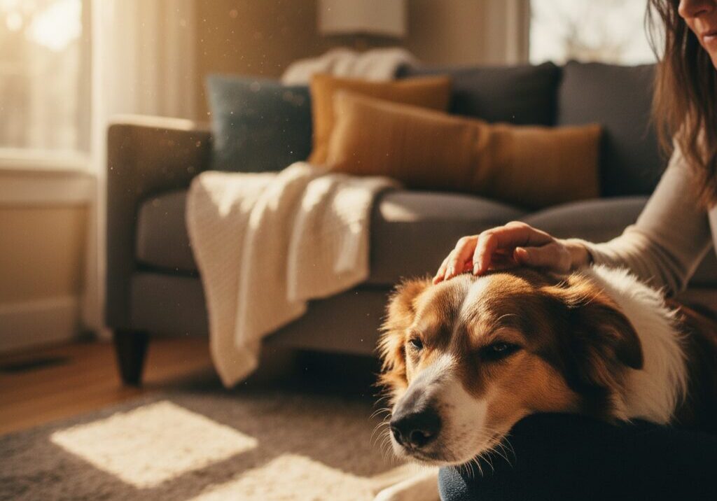 Woman petting dog in sunlit living room.