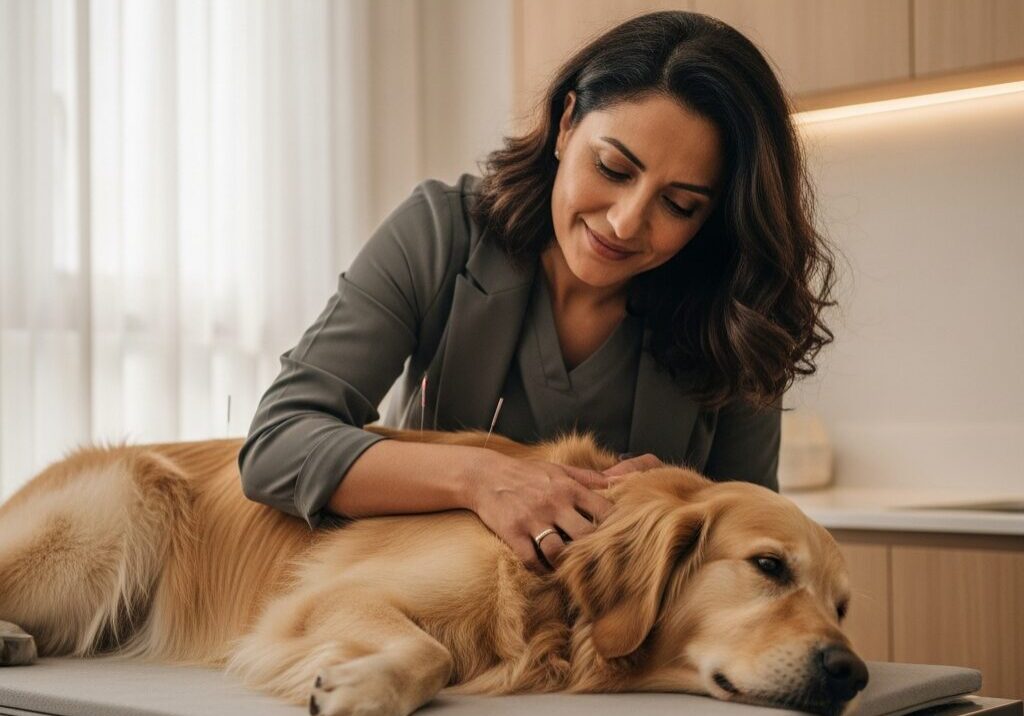 Veterinarian comforting a dog on examination table.