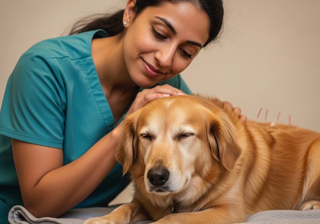 Woman comforting dog during acupuncture session.