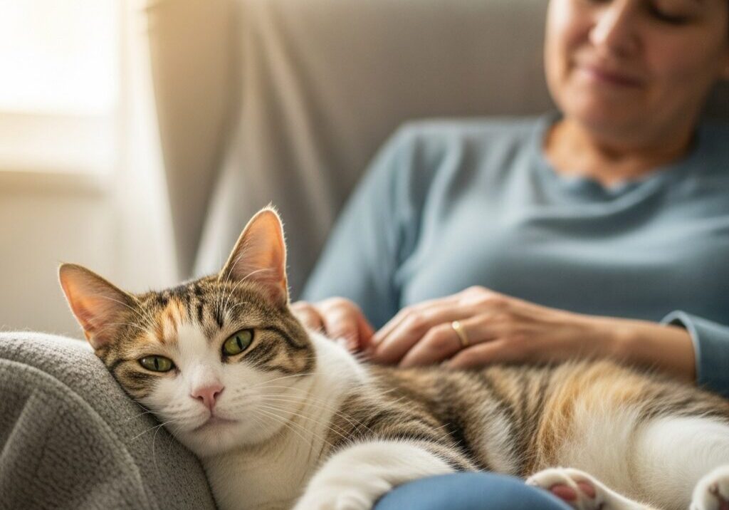 Woman relaxing with a cat on lap.
