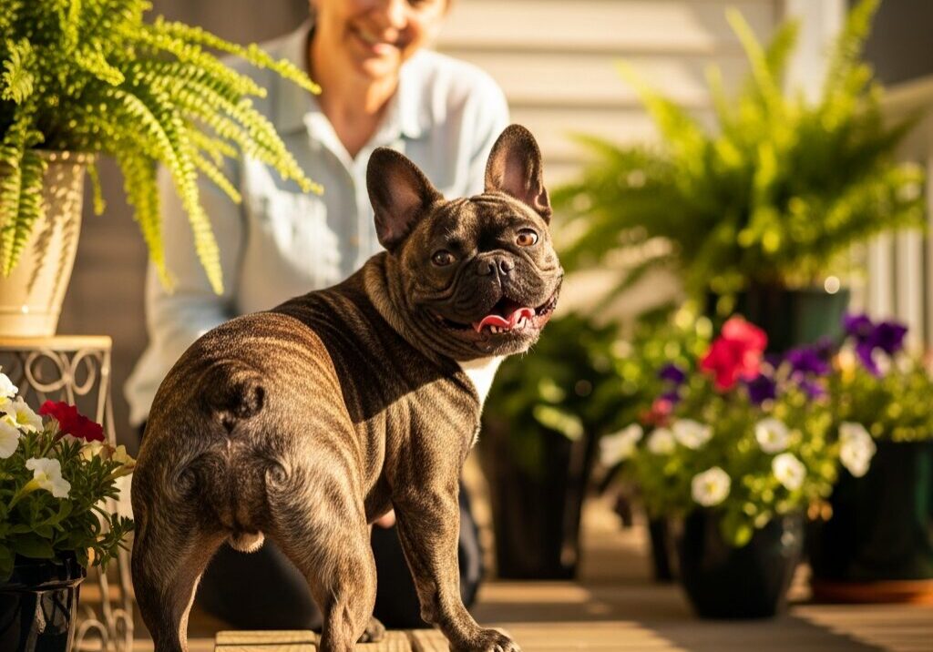Smiling dog poses on sunny porch.