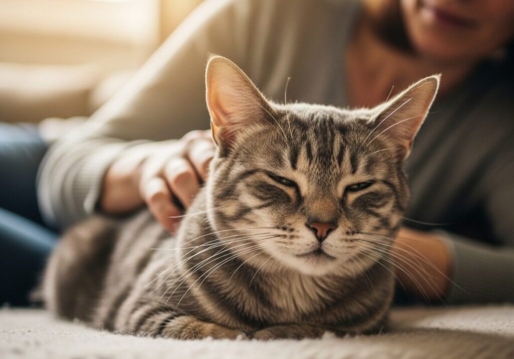 Woman petting a relaxed tabby cat.