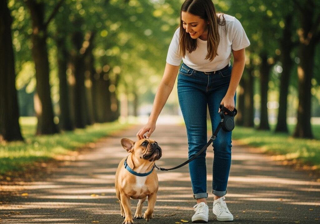 Woman walking French bulldog in park.
