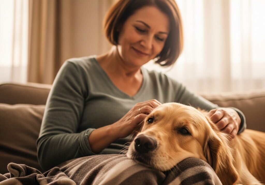 Woman petting a dog on couch.
