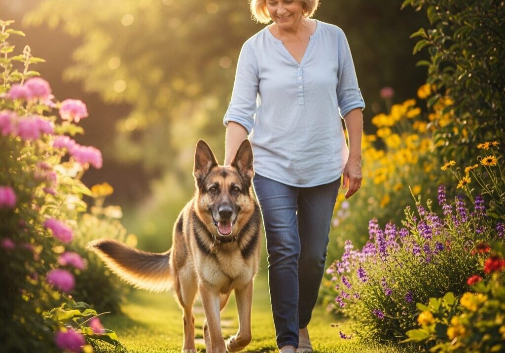 Woman walking dog in a vibrant garden.