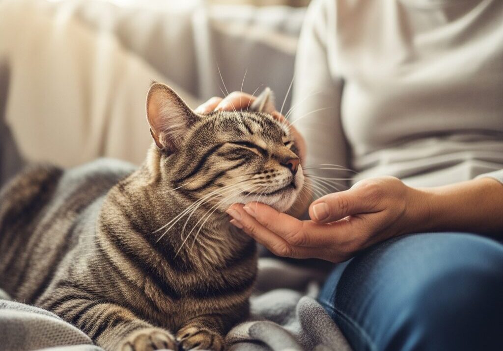 Person petting a relaxed tabby cat.
