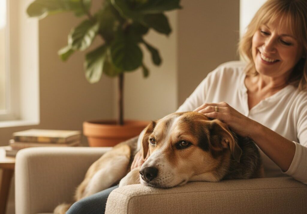 Woman relaxing with dog on sofa.