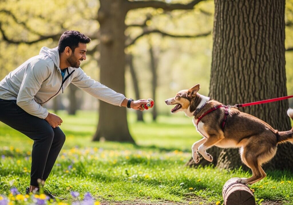 Man playing fetch with leashed dog outdoors.