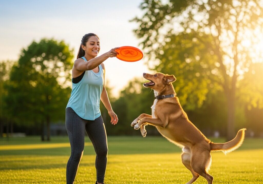Woman playing frisbee with dog outside.