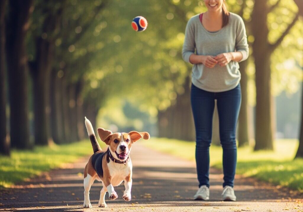 Woman playing fetch with happy dog.