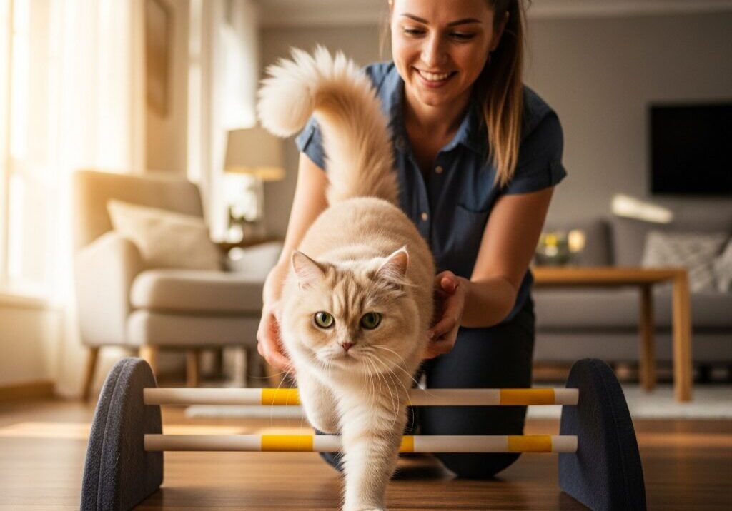 Woman training cat to jump hurdles.
