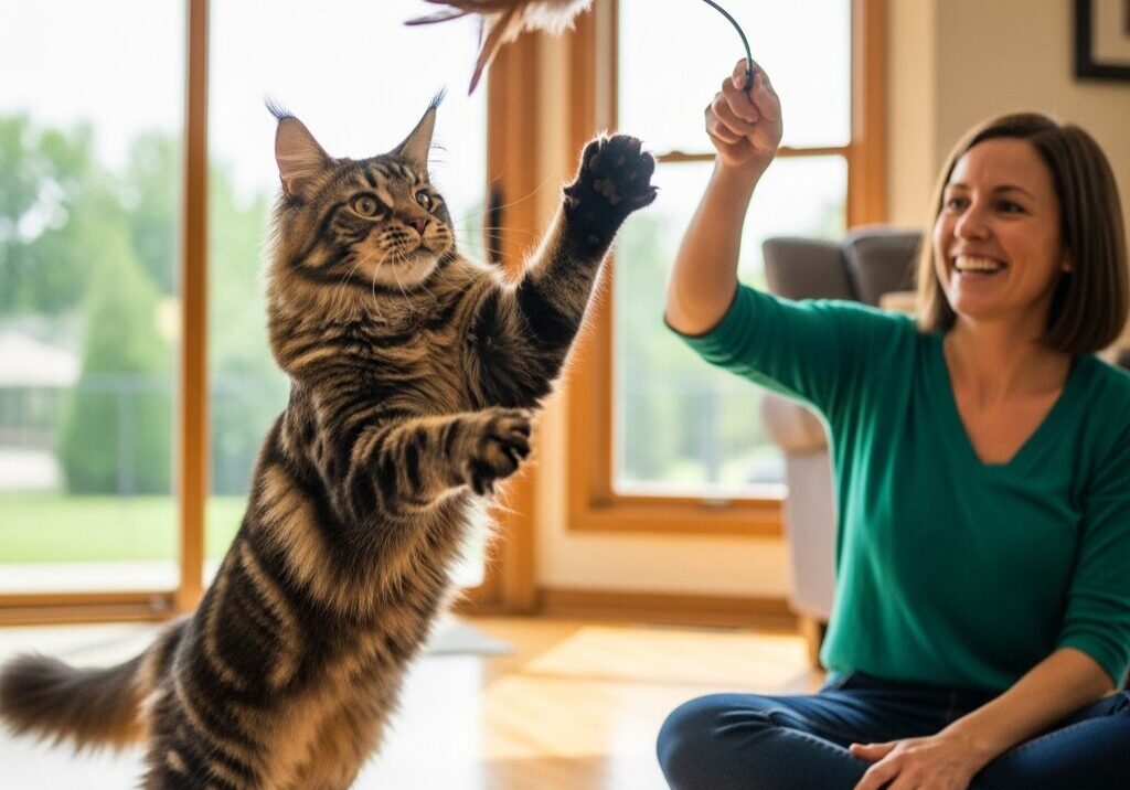 Woman playing with cat using feather toy.