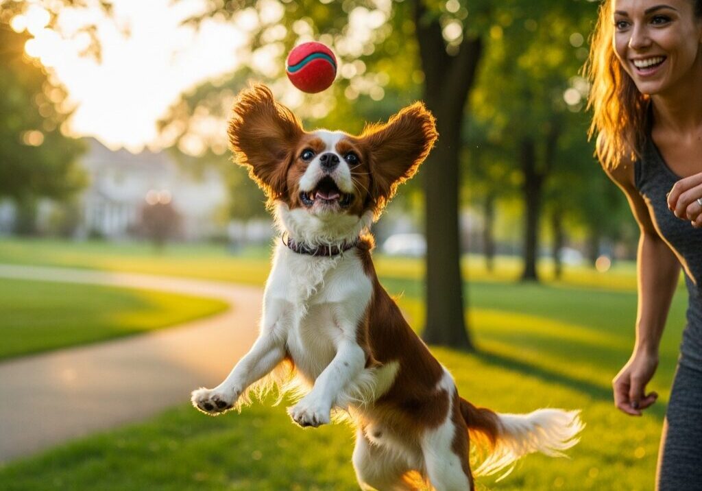 Dog jumping for ball in park.