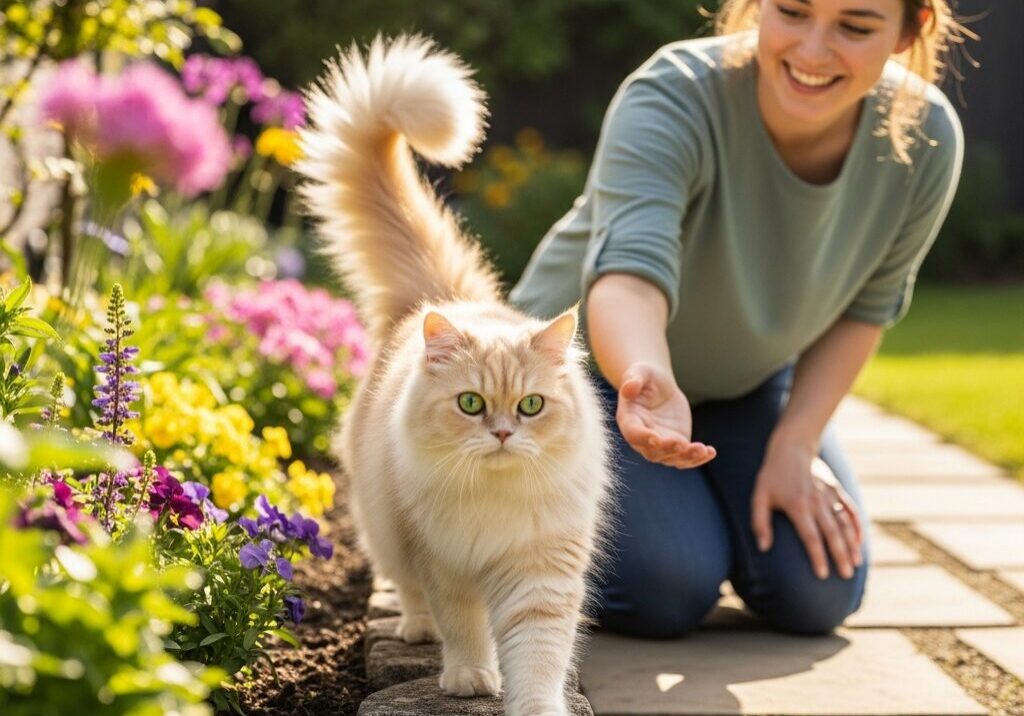 Woman with fluffy cat in garden path.