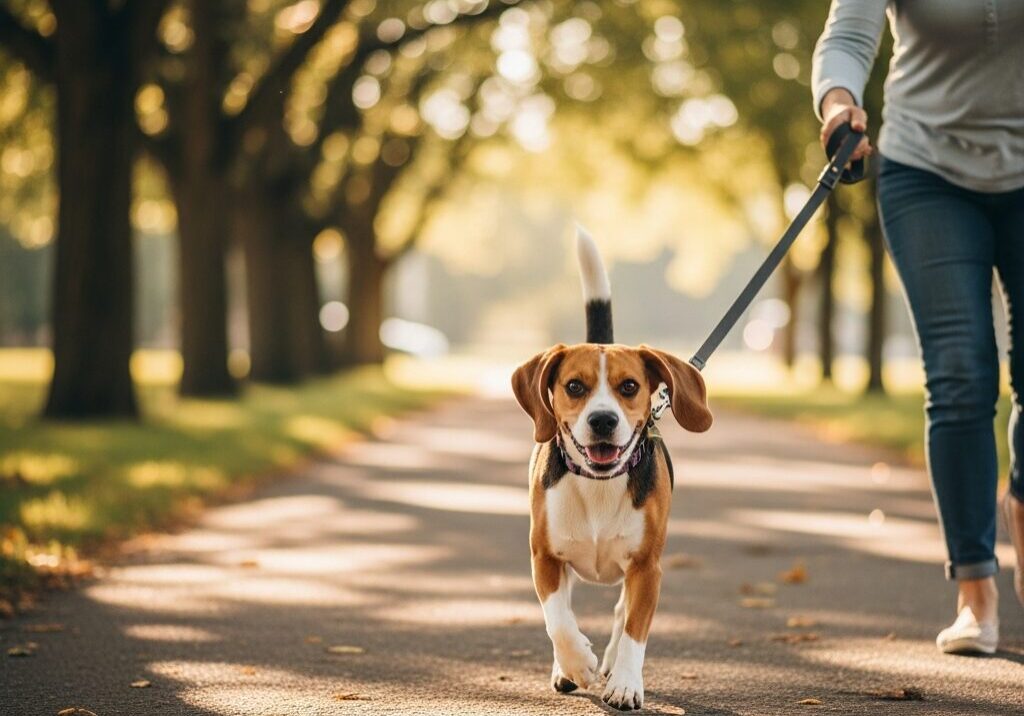 Person walking dog on a tree-lined path.