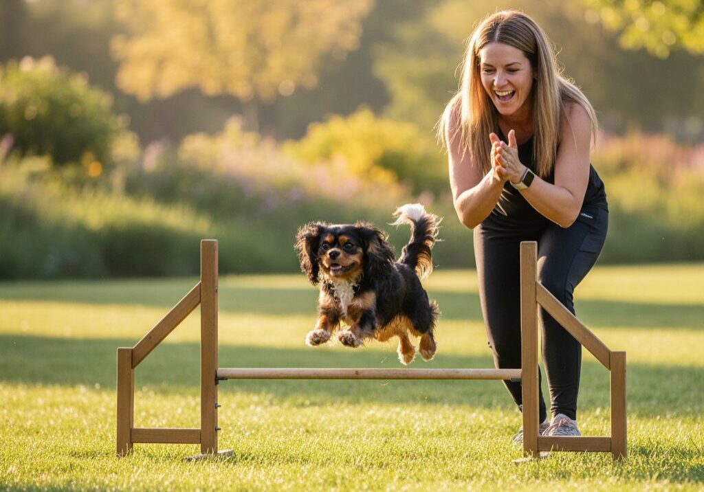 Dog jumping over hurdle, woman clapping nearby.