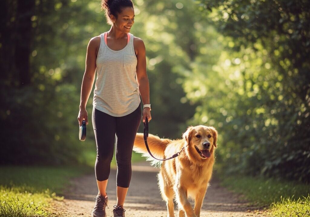 Woman walking dog on forest path.