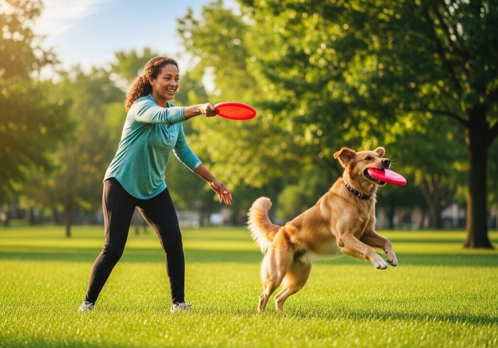 Woman playing frisbee with dog in park.