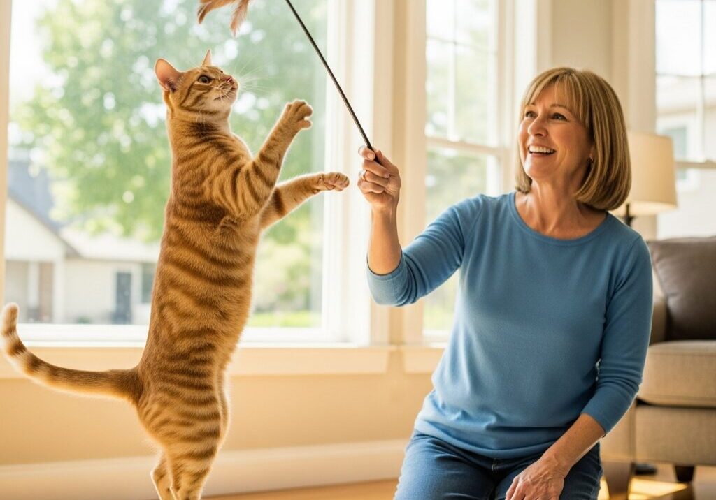 Woman playing with jumping cat in sunlight.