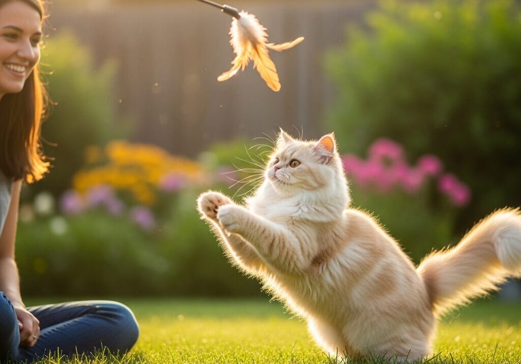 Woman playing with cat in sunny garden.