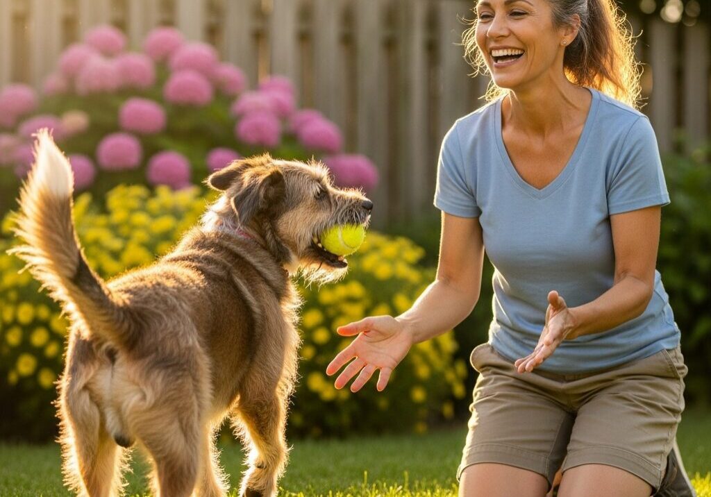 Woman playing fetch with her dog.