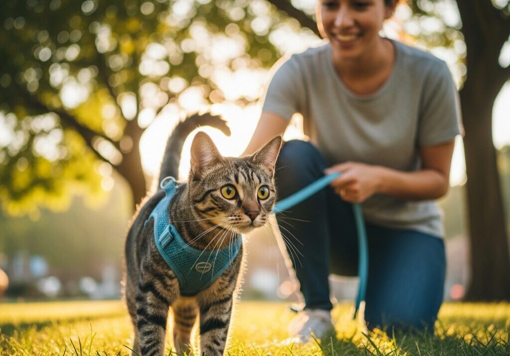 Woman walking cat on a leash outdoors.
