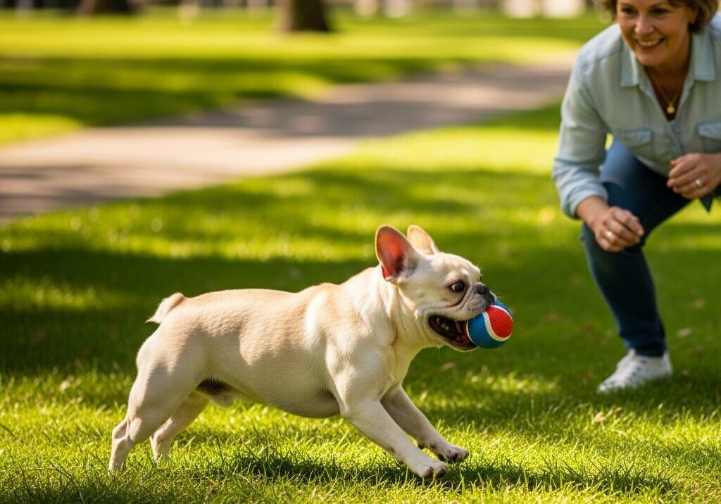 Dog playing fetch with woman in park.