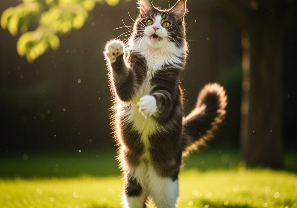 Cat jumping to catch a feather toy.