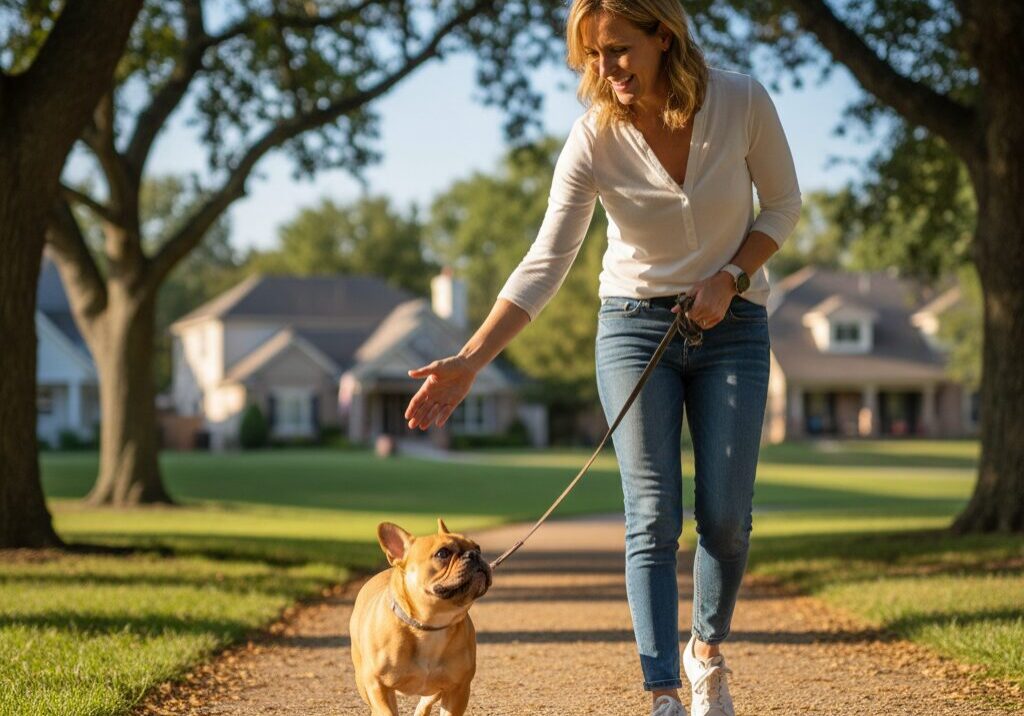 Woman walking French bulldog on sunny path.